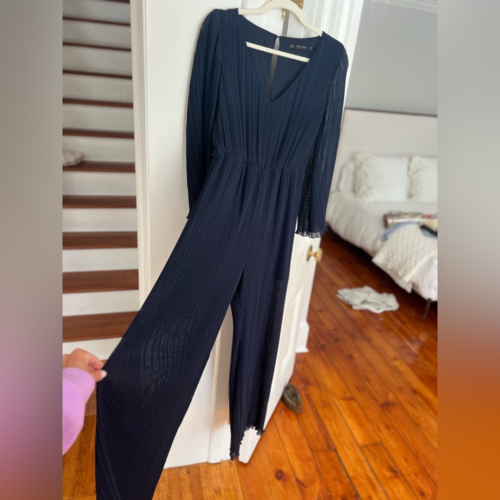 Zara Navy Blue Pleated Jumpsuit